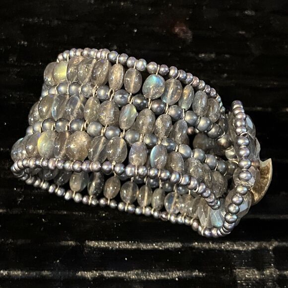 Vintage Labradorite Beaded 3 Row Cuff Bracelet MOP Abalone Button Closure 6.5” - Picture 2 of 6